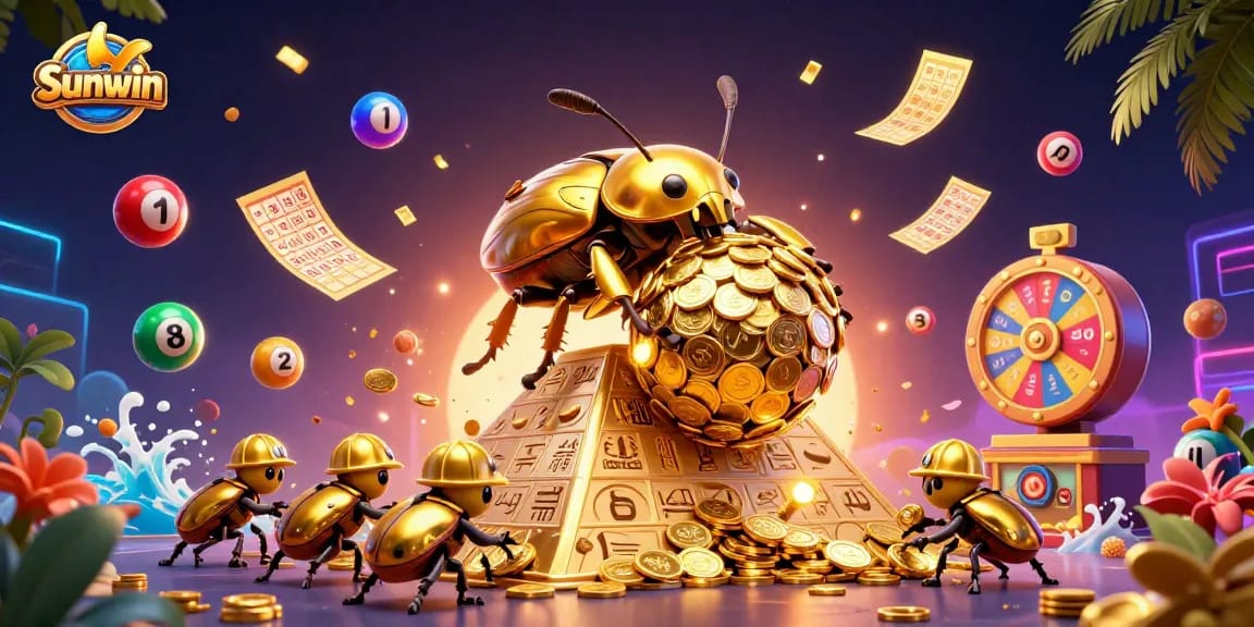 Experience exhilarating gameplay at Sunwin with dynamic lottery balls and a golden beetle rolling coins.