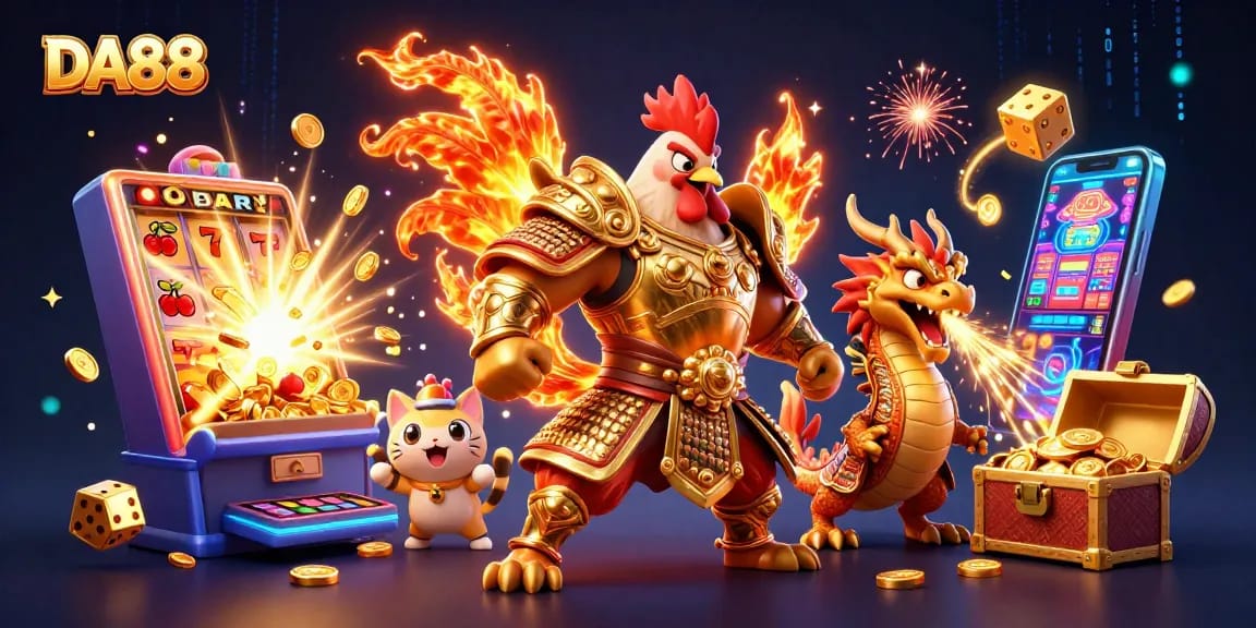 Spin the reels with DA88 in this vibrant casino scene filled with winning symbols and animated characters.