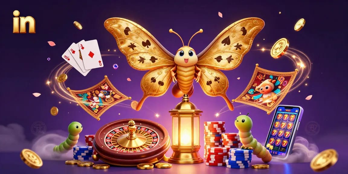 Experience the thrill in a vivid casino world with gold coins, cards, and the enchanting atlas moth.