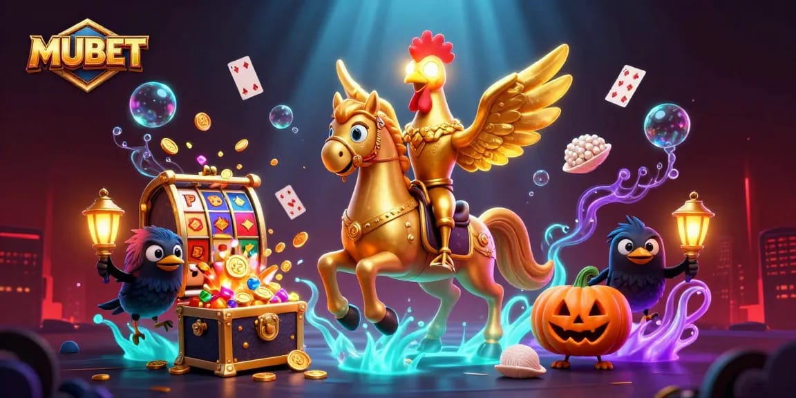 MUBET features a golden rooster riding a spectral horse amidst dynamic casino elements and vibrant glow.