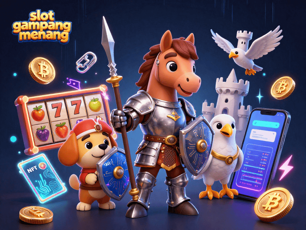 Engage with slot gampang menang through this vibrant 3D casino scene featuring a knight, squire, and falcon amidst dynamic game elements.