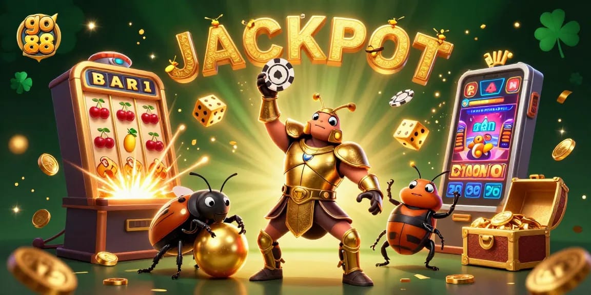 Elevate your casino experience with go 88, featuring a victorious beetle and thrilling jackpot scenes.