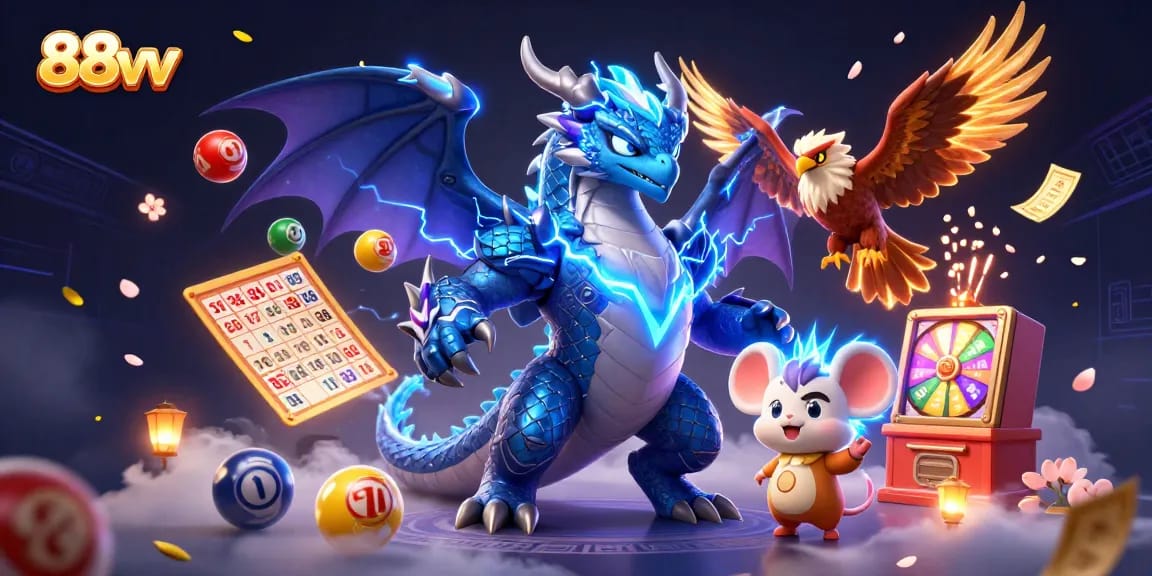Experience thrilling gaming adventures with 88vv, featuring a vibrant 3D dragon, hawk, and dynamic lottery elements.