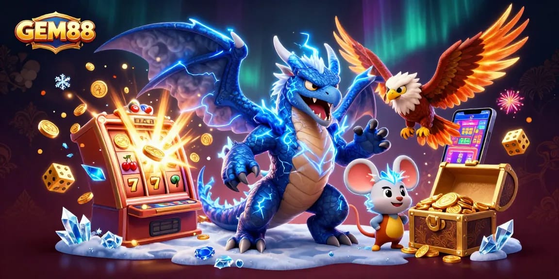 Experience thrilling gameplay at GEM88 with a dynamic illustration of exciting casino elements.