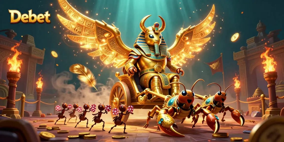 Engage with Debet's thrilling casino experience featuring a colossal golden scarab beetle.