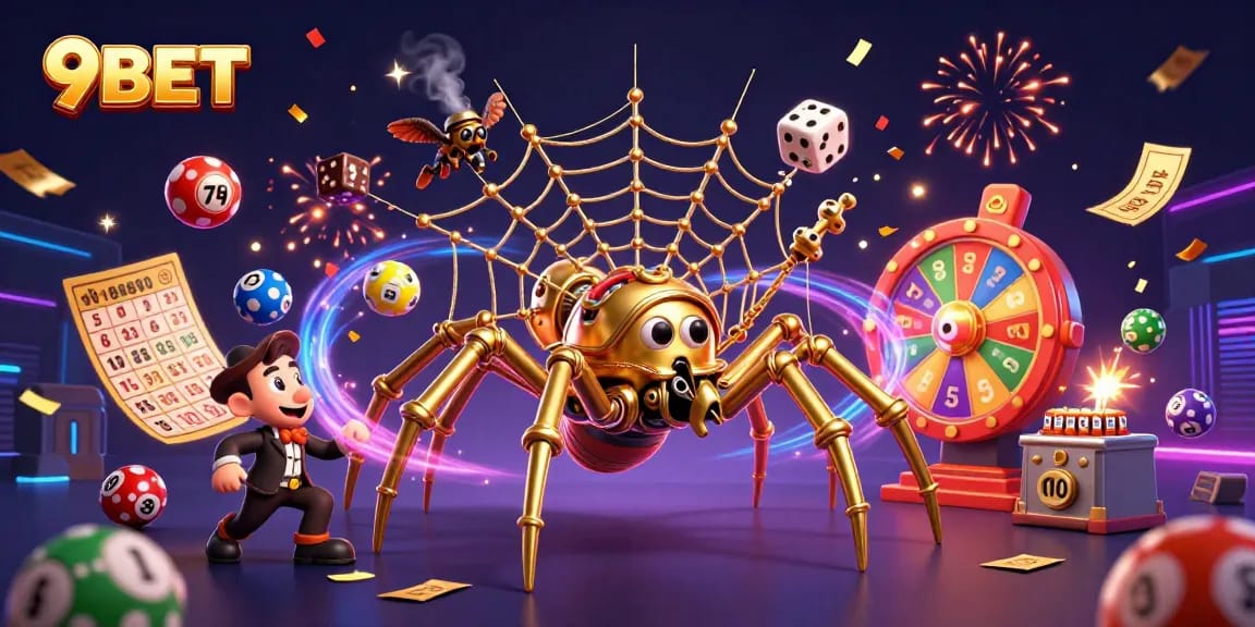 Engage with 9BET in this vibrant casino scene featuring a golden spider and dynamic gaming elements.