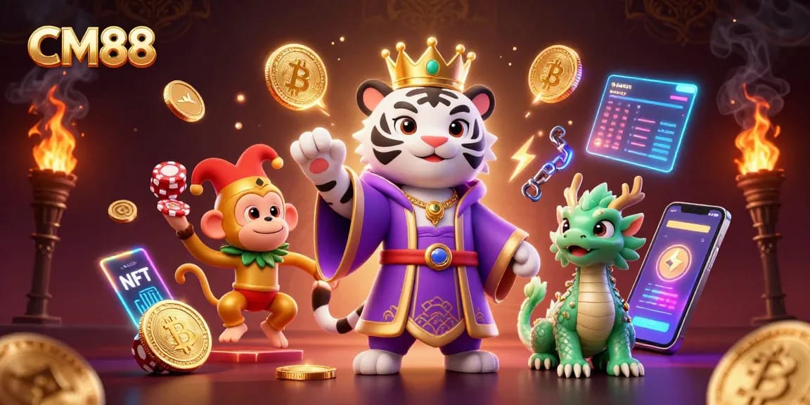 CM88 engage in thrilling crypto gambling with a majestic white tiger, playful monkey, and jade dragon