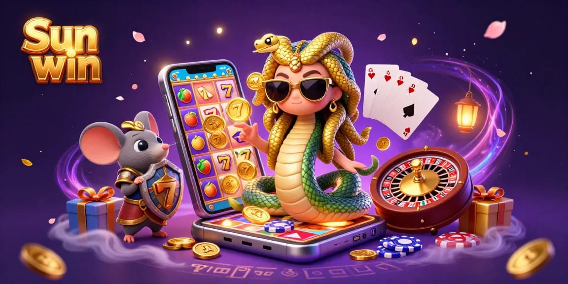 Experience Sun win with vibrant slot games and exciting casino elements in this lively illustration.