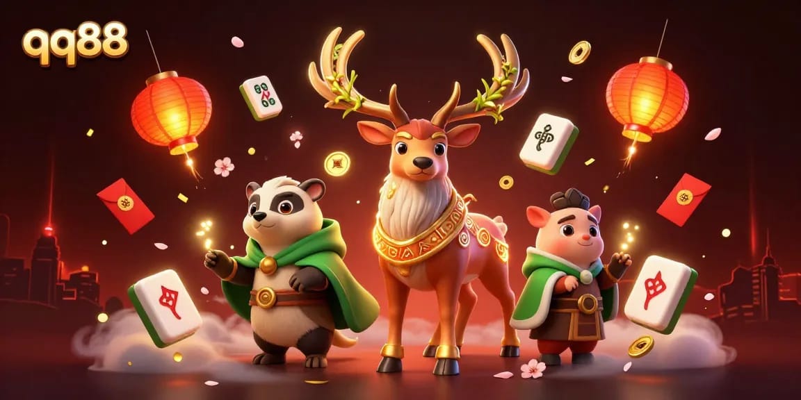 qq88 captures the thrill of winning with vibrant characters and exciting game elements in a rich casino environment.