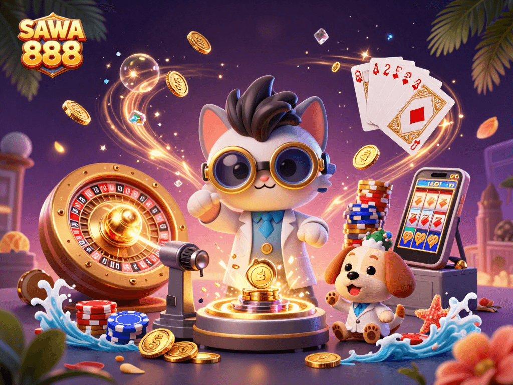 Experience the excitement of SAWA 888 with a mad scientist cat creating gold coins in a vibrant casino scene.