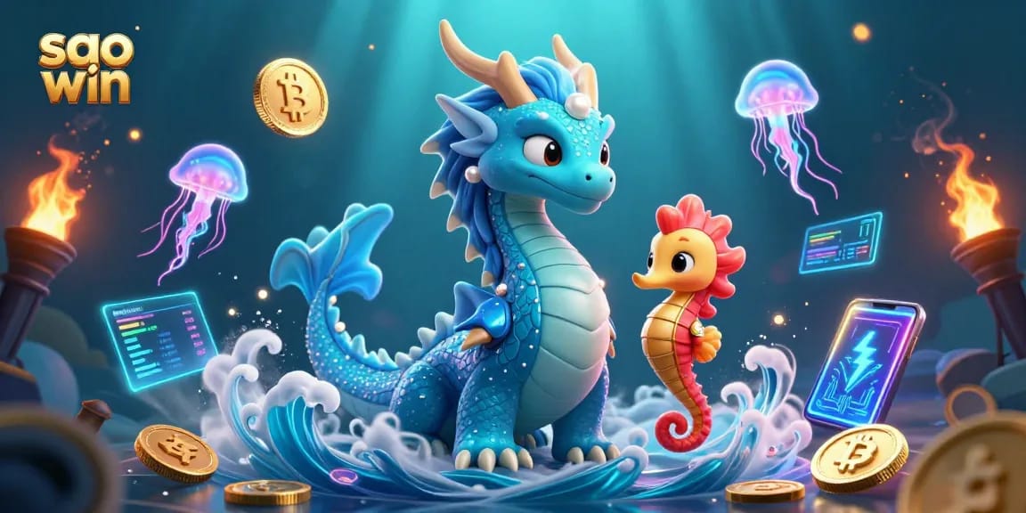 Engage with the dynamic "sao win" scene featuring a dragon and seahorse knight amidst vibrant game elements.