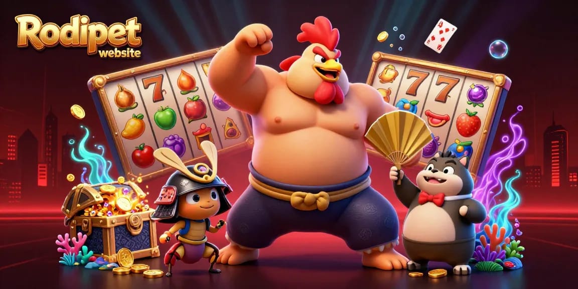 Engage with the action at the Rodipet website featuring a sumo wrestler rooster and samurai cricket in a vibrant gambling environment.