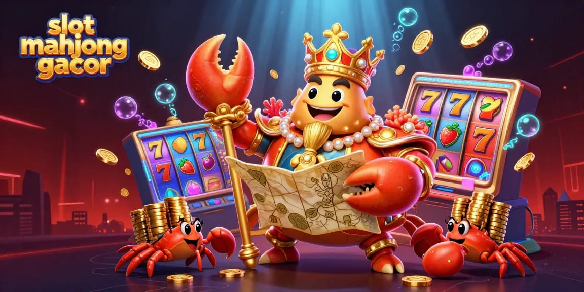 Spin and win with slot mahjong gacor as a golden crab emperor presides over an exciting scene filled with slot machine elements.