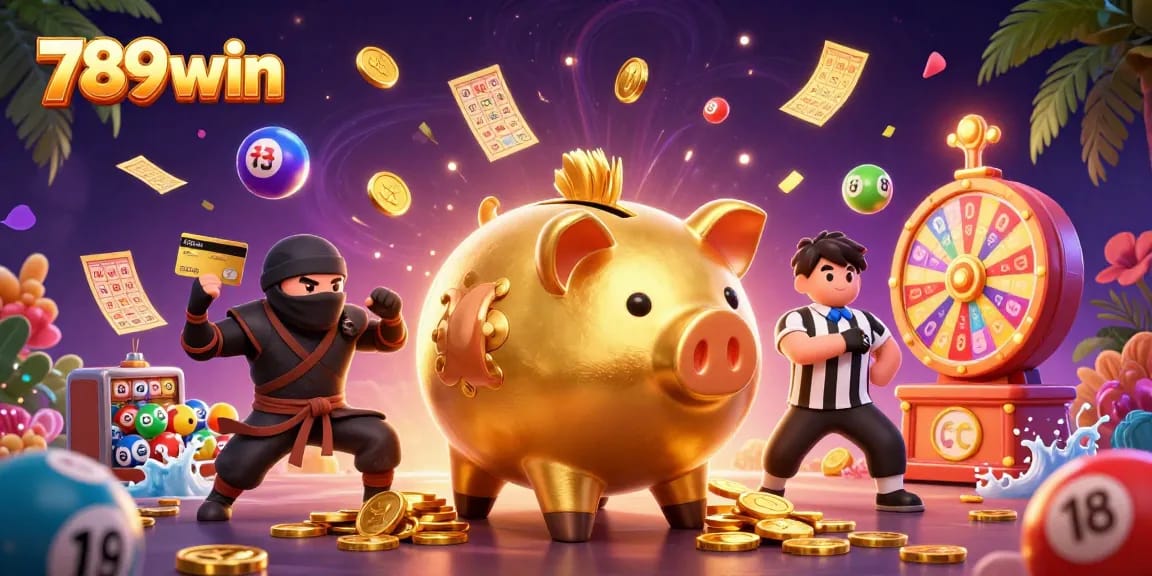 Engage with thrilling games at 789win, featuring a vibrant illustration of a piggy bank sumo wrestler and action-packed lottery elements.