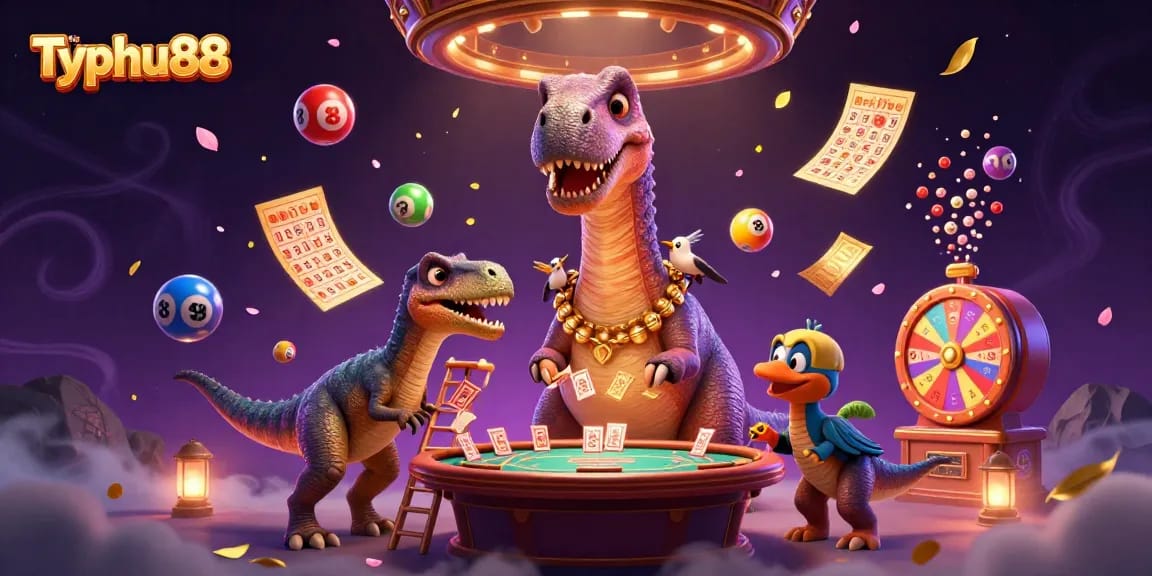 Experience Typhu88 with a playful 3D scene featuring colorful gambling elements and characters.