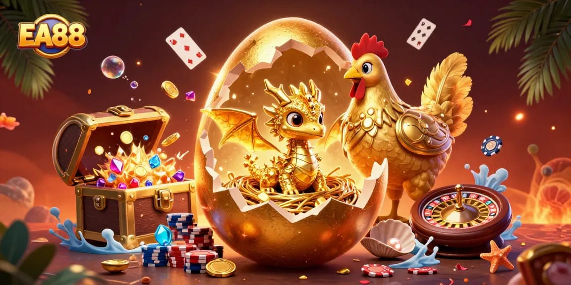 Experience EA88 with a vibrant casino scene showcasing a golden dragon on poker chips and rich decorative elements.