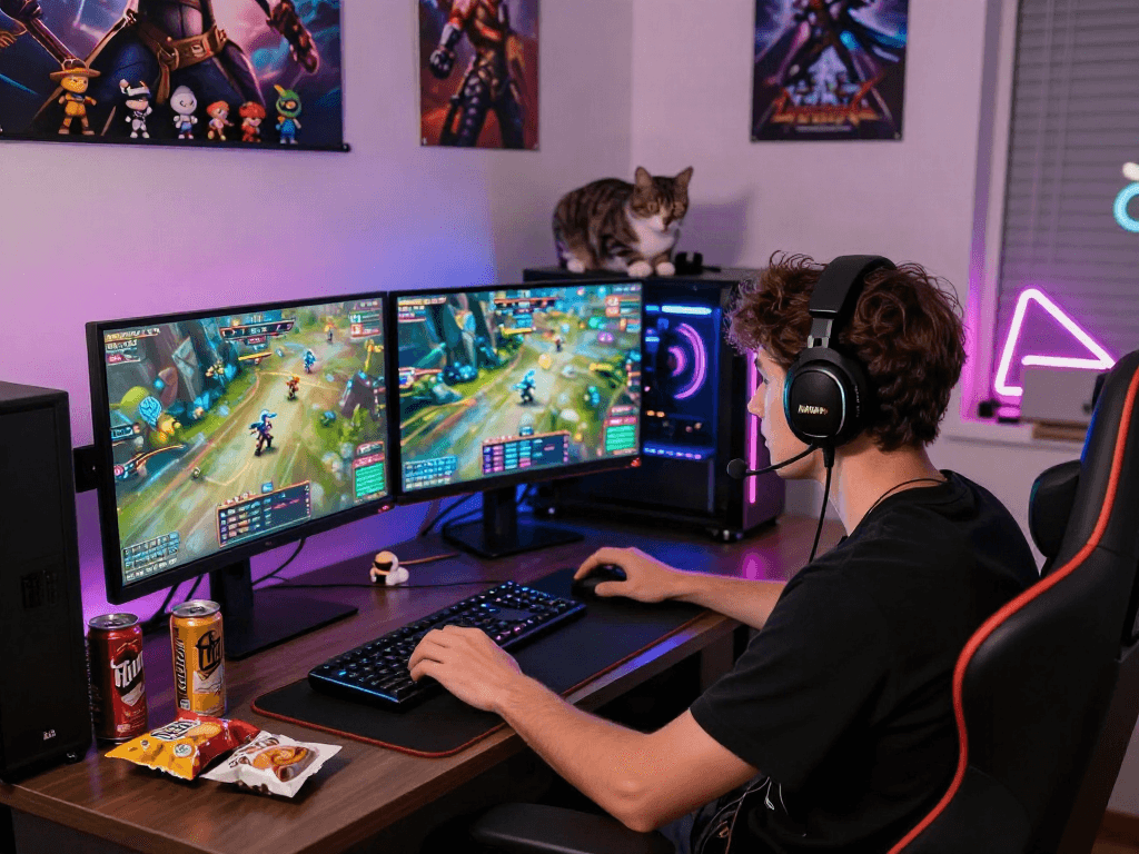 Gamer immersed in porngame action in a colorful gaming setup