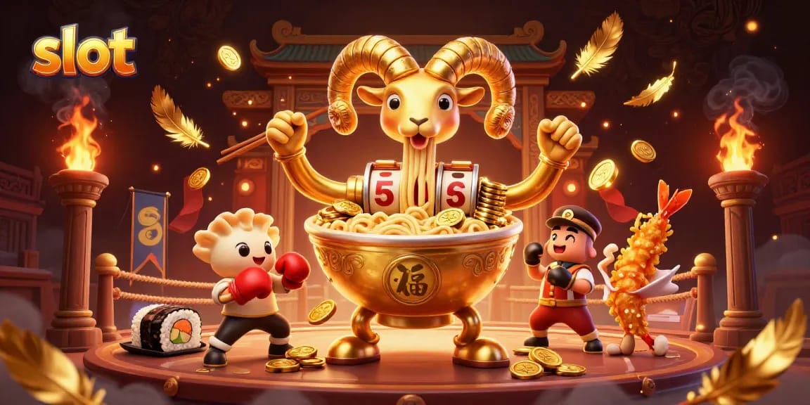Spin and win with slot reels as a giant ramen bowl deals cards in a vibrant casino scene.