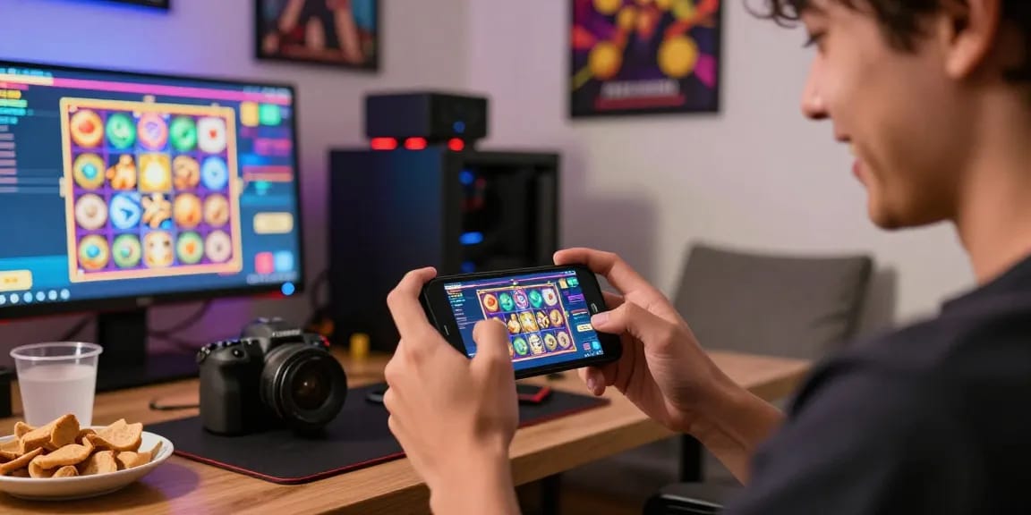 Situs slot deposit 10 ribu displayed on a smartphone while an excited player awaits results in a cozy gaming environment