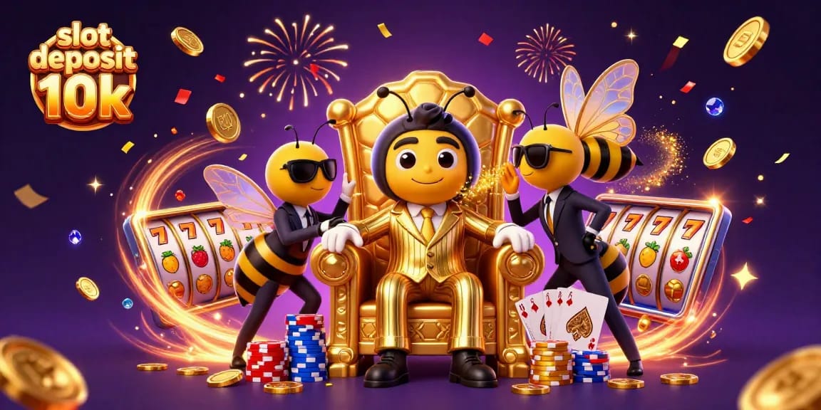 Experience thrilling wins with slot deposit 10k, featuring a vibrant 3D casino scene with captivating characters and slot reels.