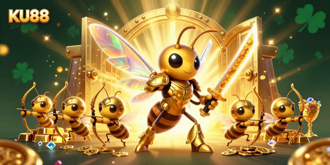 Engage with the adventures of KU88 in this vibrant 3D casino illustration featuring dynamic characters and treasures.