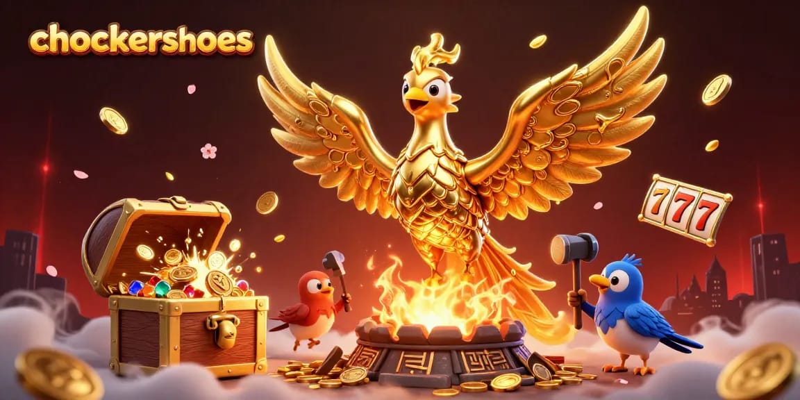 Spin to win at chockersshoes with a gold Phoenix rising from coins in a dynamic casino scene.