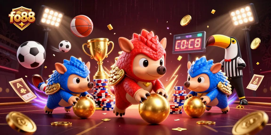 Experience fo88 excitement with playful pangolins bowling over poker chips in a vibrant 3D casino scene.