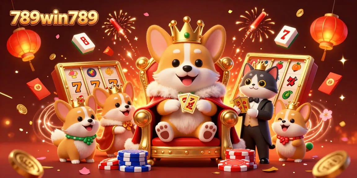 Experience the excitement at 789win789 with a royal corgi and vibrant casino elements.