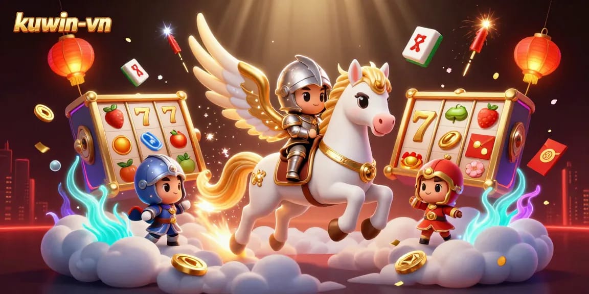 Engage with kuwin-vn's dynamic slots, featuring vibrant 3D elements and a captivating horse knight scene.