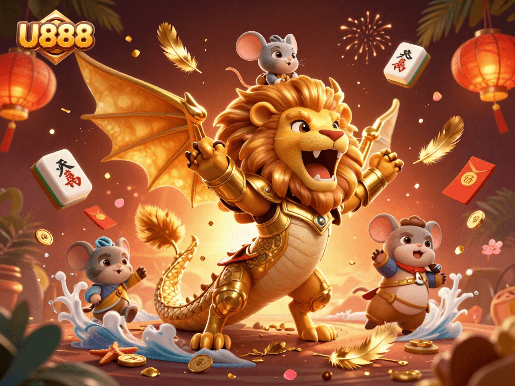 Experience U888's thrilling casino adventure with a majestic chimera and vibrant game elements.
