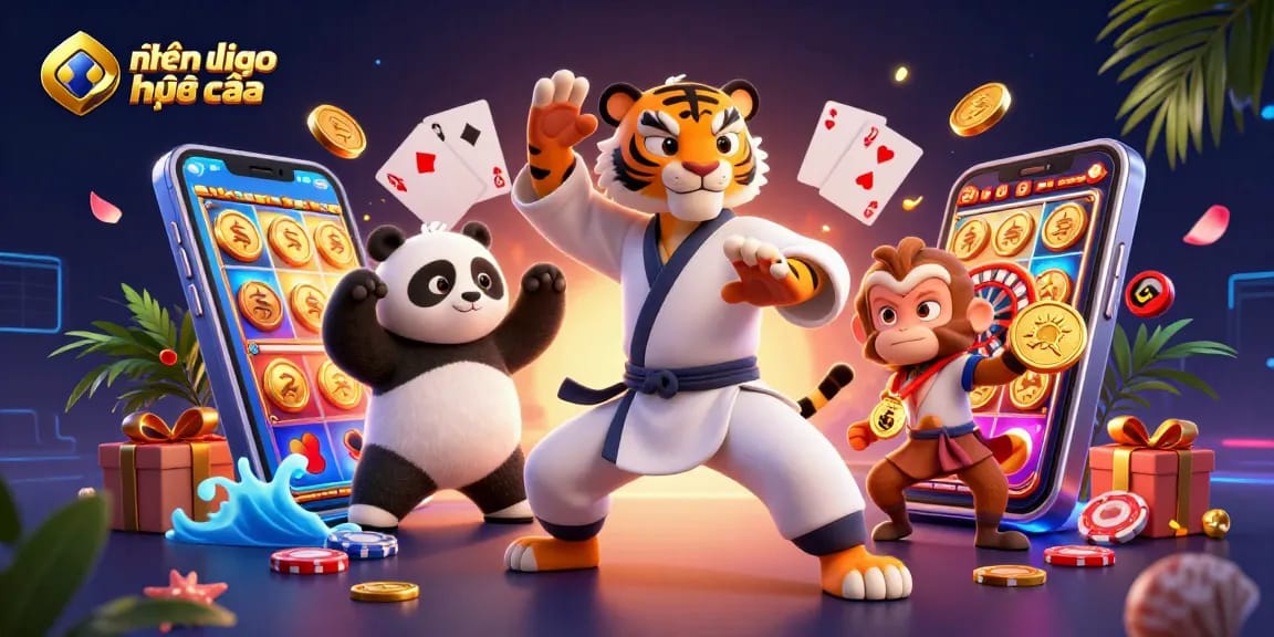 Engage in nhận định kèo nhà cái with cartoon characters mastering gaming strategies amidst dynamic casino elements.