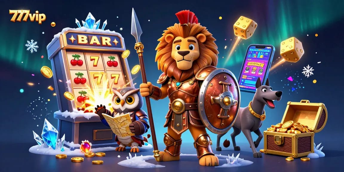 Experience excitement with 777vip's vibrant casino scene featuring jackpot slots, characters, and dynamic elements.