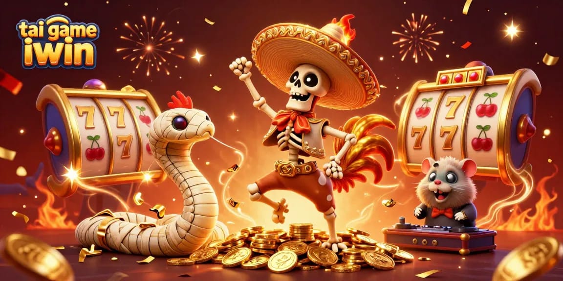 Spin the reels with tai game iwin as a vibrant mariachi rooster celebrates winnings amidst golden coins.
