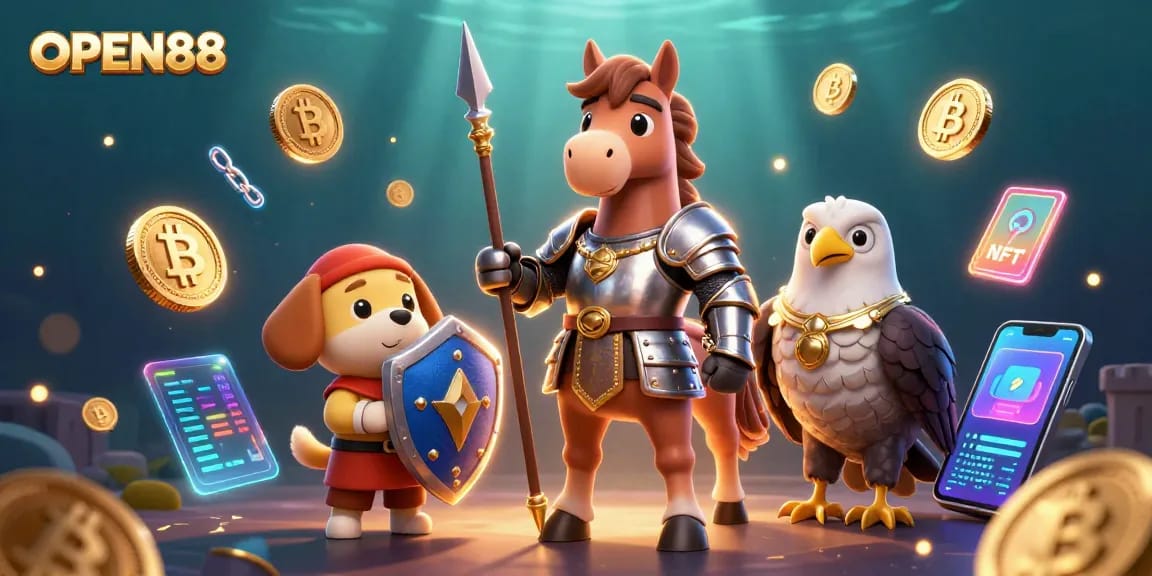 OPEN88 players engage with thrilling games amidst vibrant crypto elements in a stunning 3D scene.