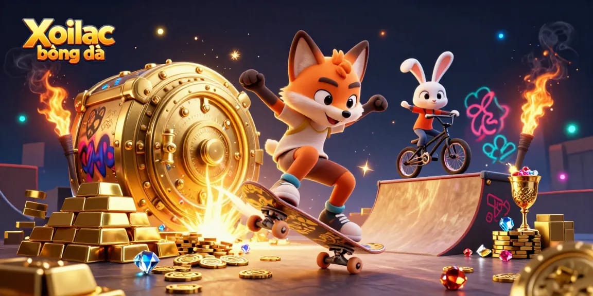 Xoilac bóng đá showcases an action-packed scene with a skateboarder fox and BMX rabbit in a vibrant casino.