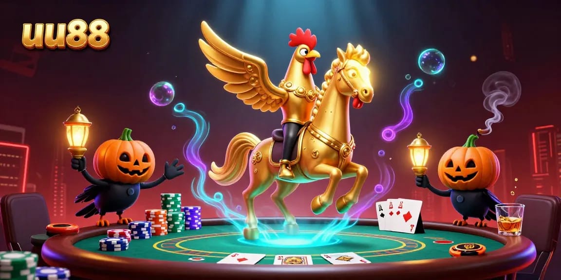 Bettors enjoy levels of excitement at uu88's vibrant casino scene, with poker chips flying and golden rooster characters.