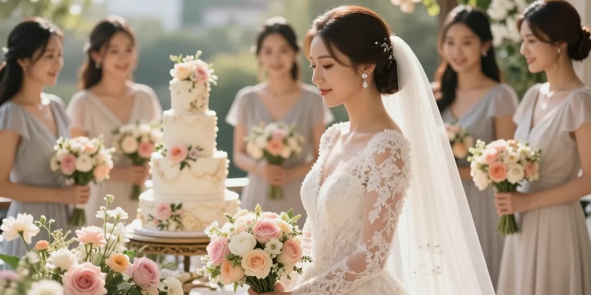 Bridal diamond earrings sparkle as a bride poses elegantly with floral decor and bridesmaids.