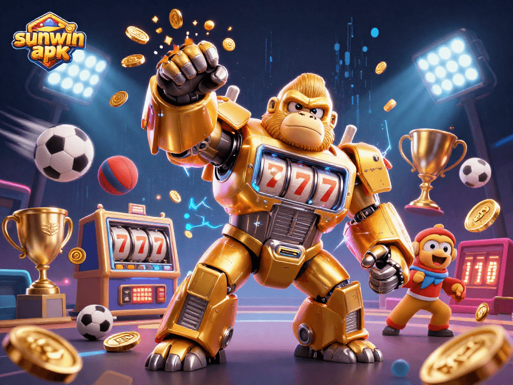 Experience the excitement of sunwin apk with a golden gorilla mech and sports betting elements.