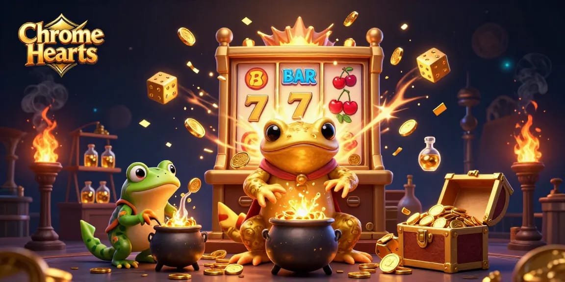 Experience the vibrant world of Chrome Hearts with this dynamic casino-themed illustration featuring golden elements and symbols.