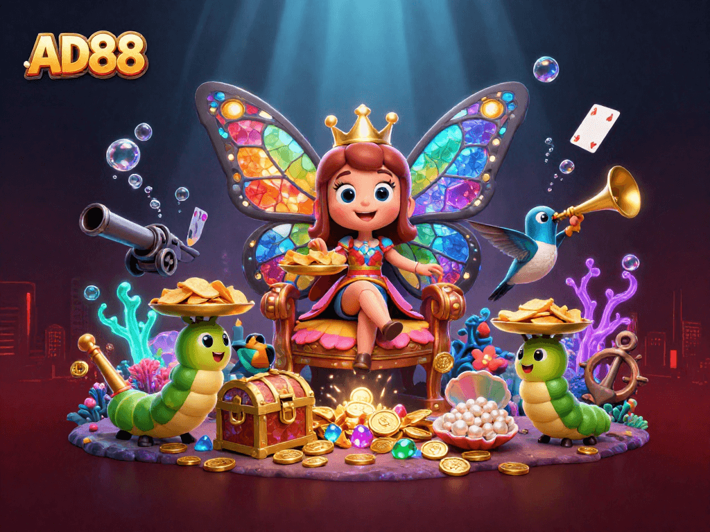 Engage with AD88's vibrant casino atmosphere, featuring a butterfly queen amidst treasures and games.