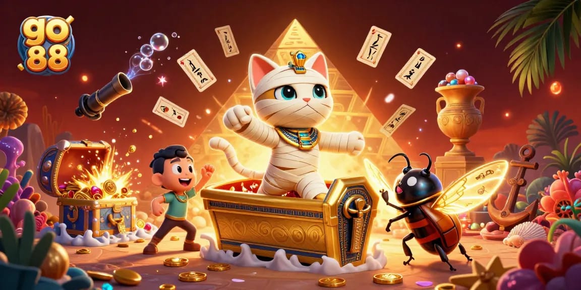 Experience the thrill of go 88 casino games with vibrant illustrations of a mummy cat and treasures.