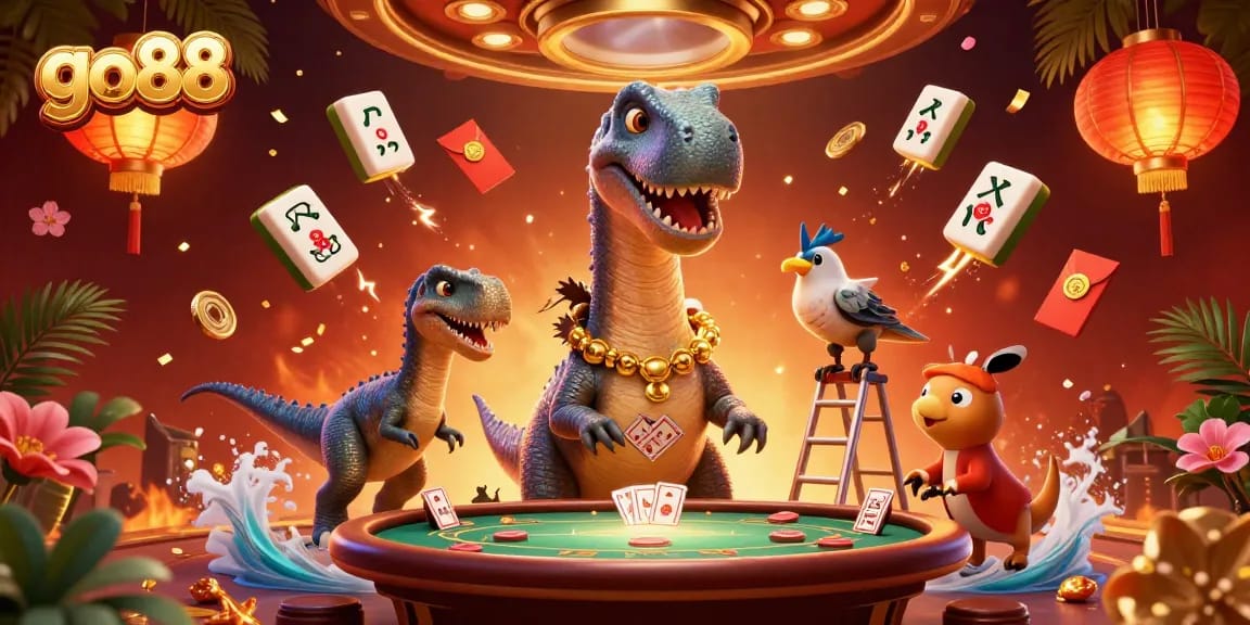 Experience thrilling gameplay at go88 with a vibrant 3D casino scene featuring unique characters and festive game elements.