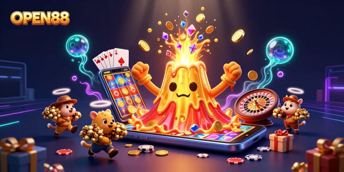 Experience the thrill of OPEN88 with a 3D cartoon volcano, treasure-hunting animals, and dynamic casino elements.