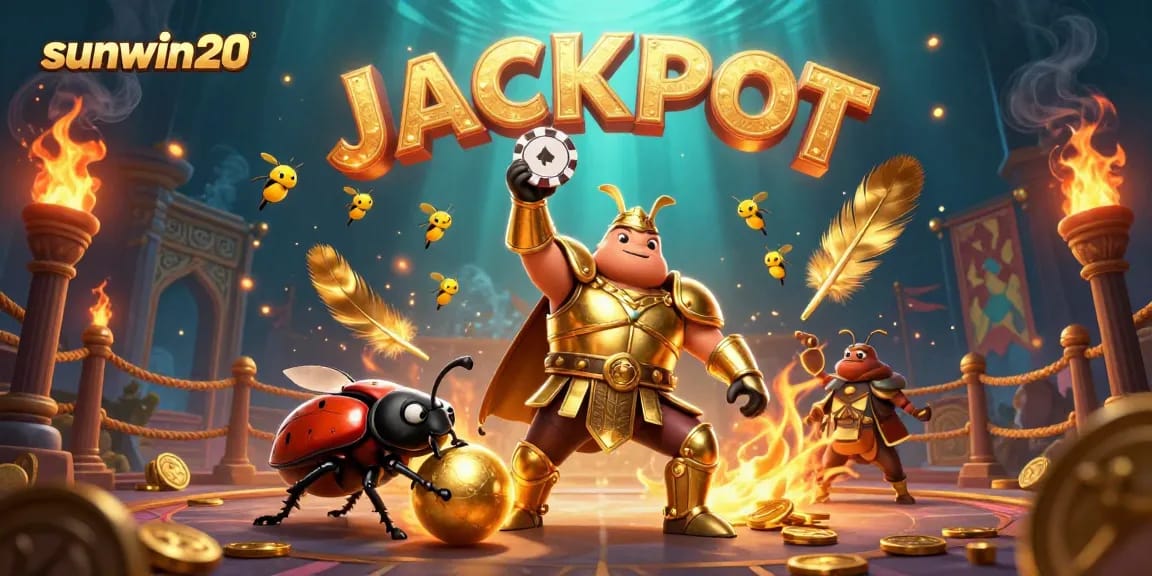 Win big at sunwin20 with the victorious hercules beetle lifting a poker chip in a vibrant casino scene.