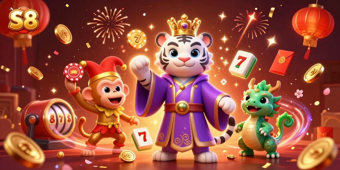 S8 showcases a dynamic casino experience with vibrant characters and elements, including slot reels and poker chips.