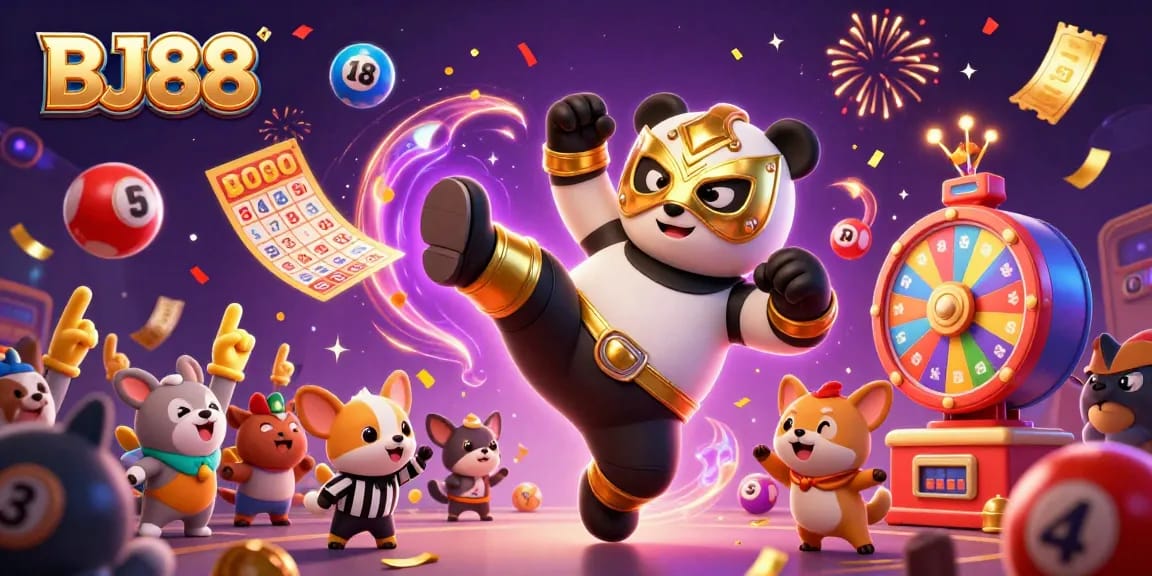 Experience spinning excitement at BJ88, where a panda wrestler meets vibrant gambling with jackpots and prizes.