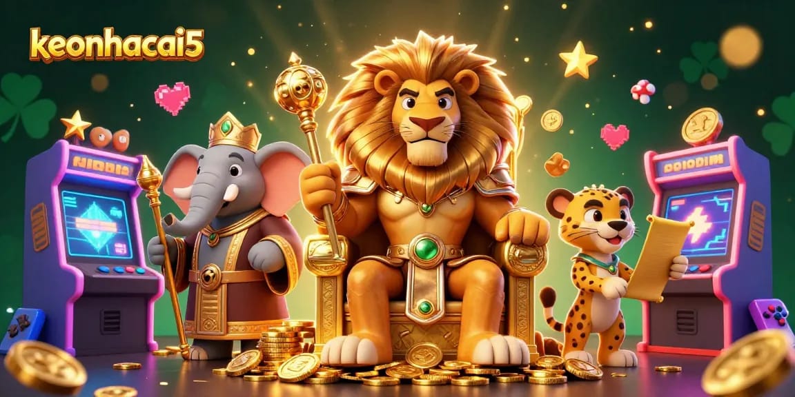 Engage in exciting gameplay with keonhacai5 featuring a king on a gold coin throne surrounded by vibrant casino elements.