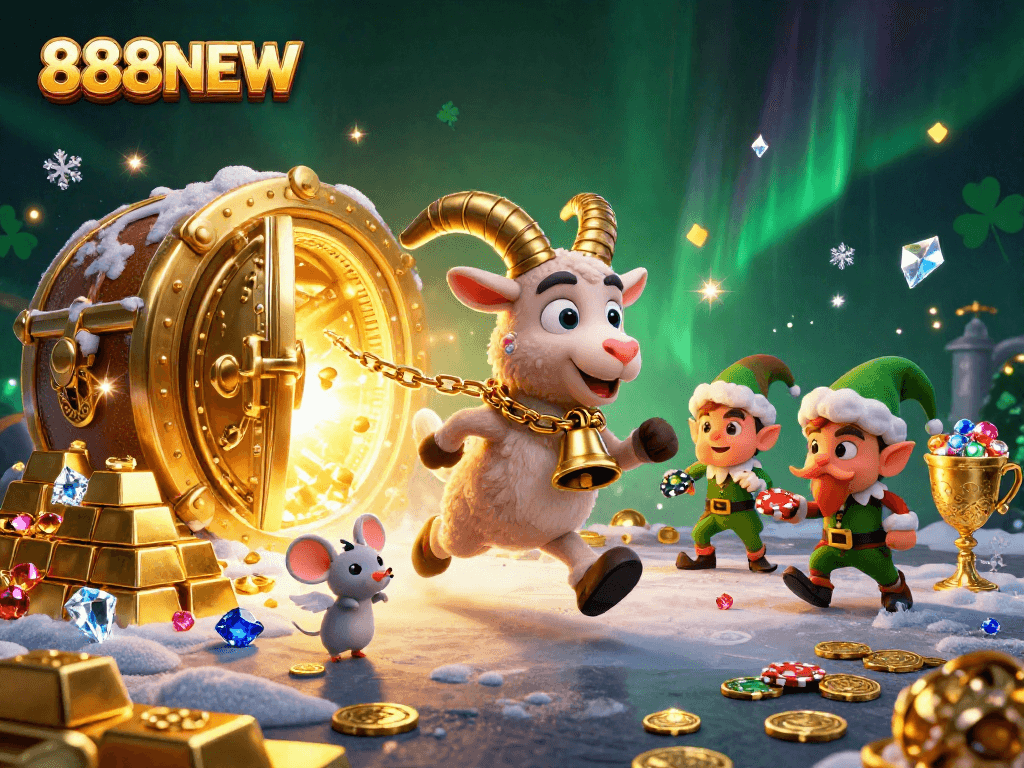 Experience the thrilling excitement of 888NEW with whimsical characters and a vibrant casino backdrop.