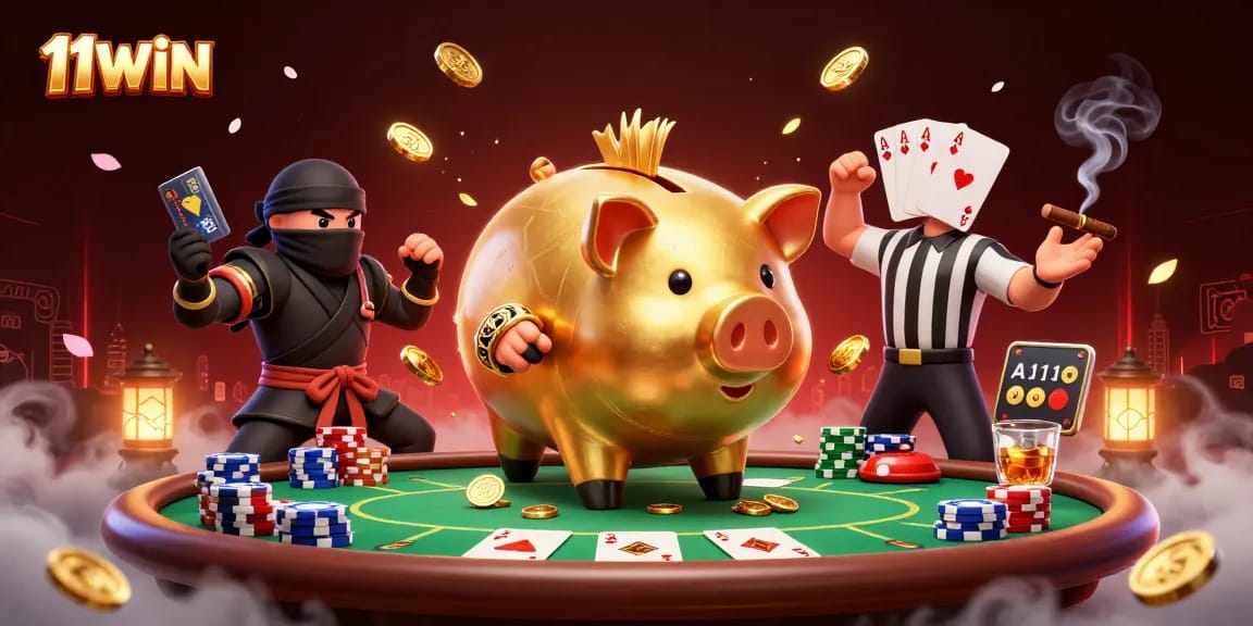 Win big with 11WIN: Dynamic casino illustration showcasing vibrant characters and rich gaming elements.