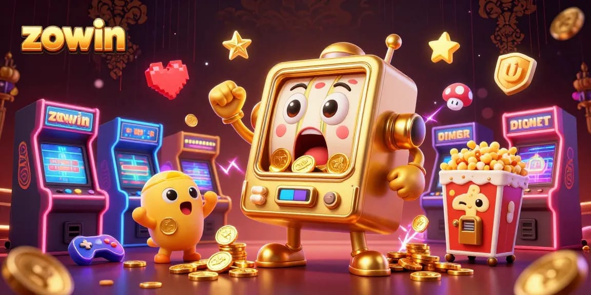 Zowin engages players with festive golden slots and exciting casino themes in this vibrant illustration.